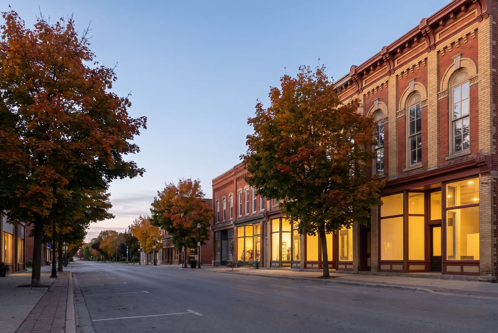 Generated scene: a quiet small-town main street at dusk, two-storey Victorian brick storefronts with arched windows and maples turning orange.